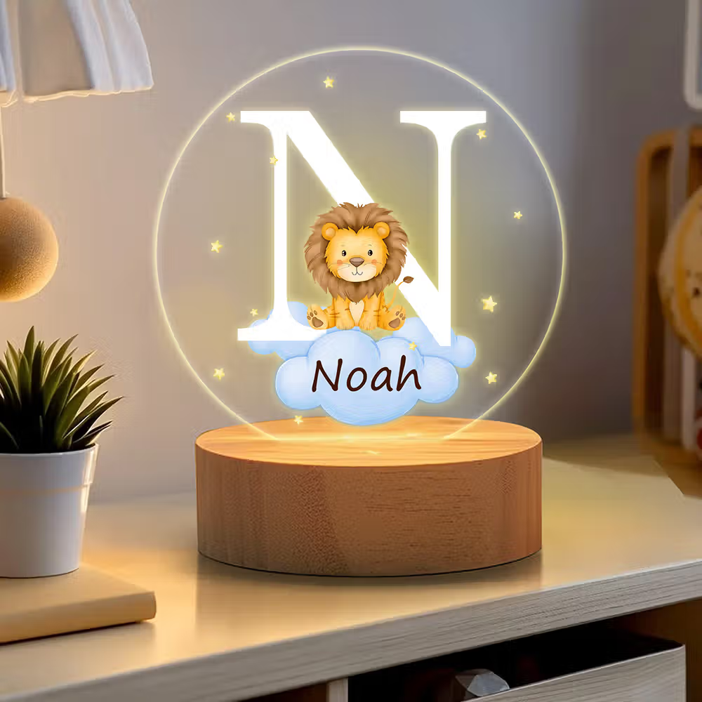 Personoitu LED yövalo tähti pilvi eläinteema puupohja lastenhuone sisustus syntymäpäivälahja baby shower lahja