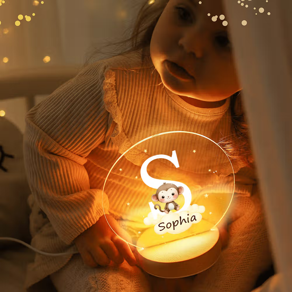 Personoitu LED yövalo tähti pilvi eläinteema puupohja lastenhuone sisustus syntymäpäivälahja baby shower lahja