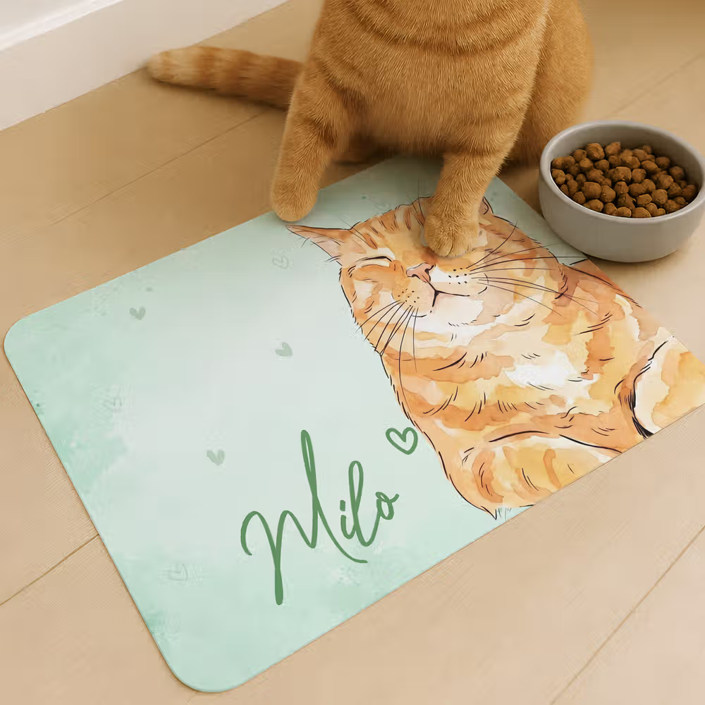 Henkilökohtainen vesivärityyli Pet Portrait Photo Vedenpitävä lemmikkieläinten ruokintamatto, jossa on nimi ja kuminen tausta Lemmikkieläinten tarvikkeet Syntymäpäivälahja lemmikkieläinten omistajille