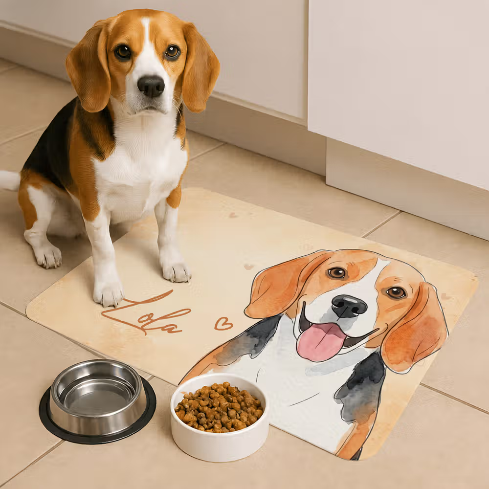 Henkilökohtainen vesivärityyli Pet Portrait Photo Vedenpitävä lemmikkieläinten ruokintamatto, jossa on nimi ja kuminen tausta Lemmikkieläinten tarvikkeet Syntymäpäivälahja lemmikkieläinten omistajille