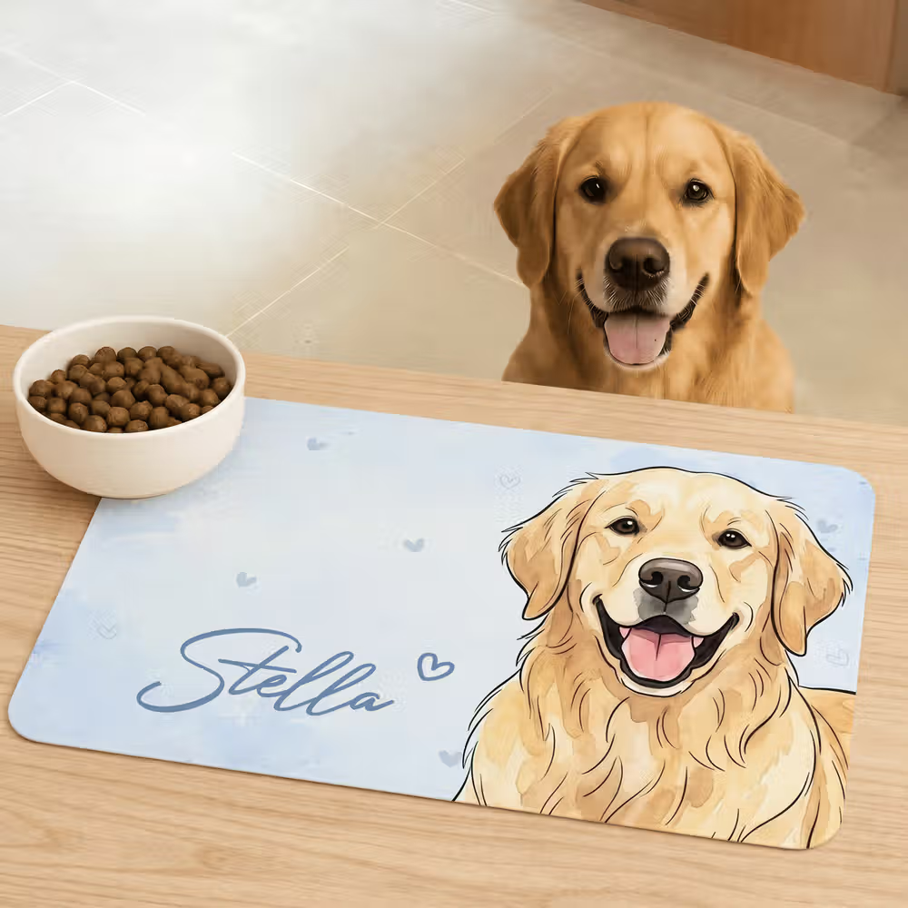 Henkilökohtainen vesivärityyli Pet Portrait Photo Vedenpitävä lemmikkieläinten ruokintamatto, jossa on nimi ja kuminen tausta Lemmikkieläinten tarvikkeet Syntymäpäivälahja lemmikkieläinten omistajille