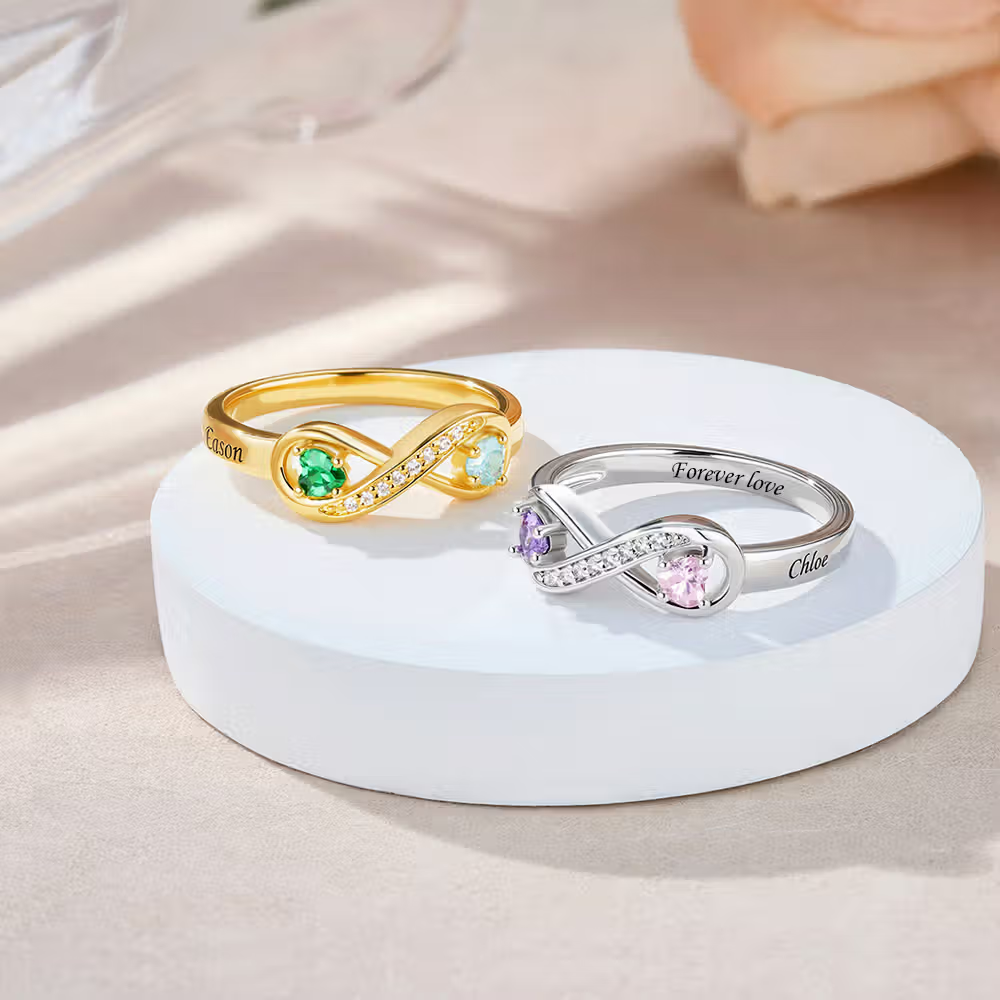 Henkilökohtainen Zirkoni Infinity Double Heart Birthstones Ring kaiverrettu nimet Ystävänpäivä Vuosipäivä Syntymäpäivä Lahja naisille