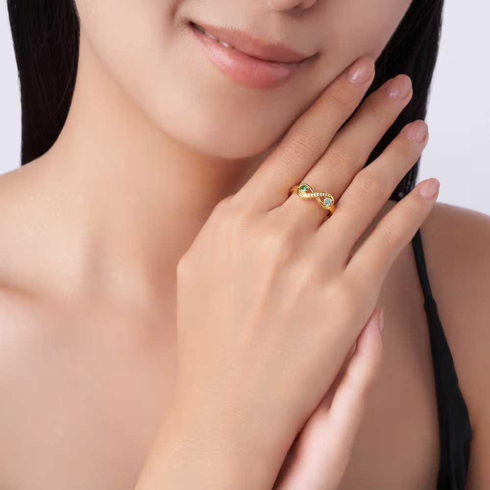 Henkilökohtainen Zirkoni Infinity Double Heart Birthstones Ring kaiverrettu nimet Ystävänpäivä Vuosipäivä Syntymäpäivä Lahja naisille